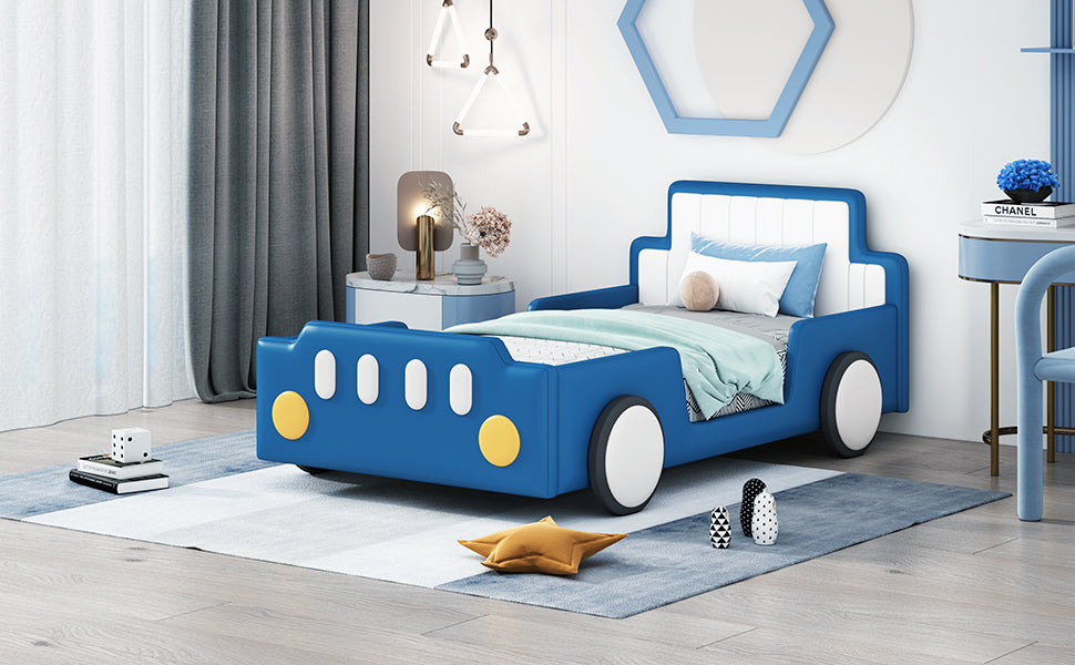 Twin Size Race Car-Shaped Platform Bed with Wheels,Blue