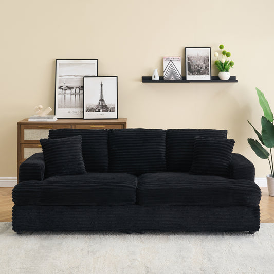 79.3 "long, corduroy sofa with 4 matching pillows, stylish design spacious and comfortable 3-seater sofa suitable for modern living room, black