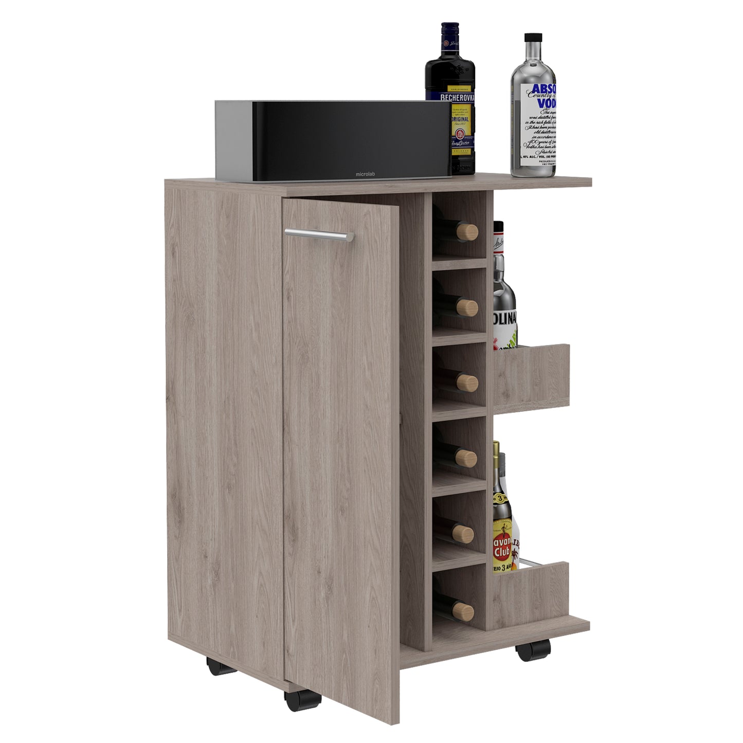 Bar Cart, Two External Shelves, Four Casters, Six Built-in Wine Rack, Single Door Cabinet -Light Gray