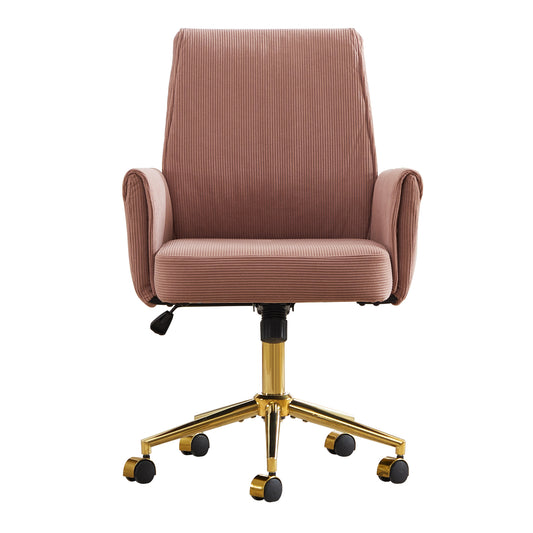 Ergonomic Mid-back Office Chair with Striped Velvet Fabric, Light Pink, Gold Metal Base, 25.2 x 24.0 x 41.9 Inches