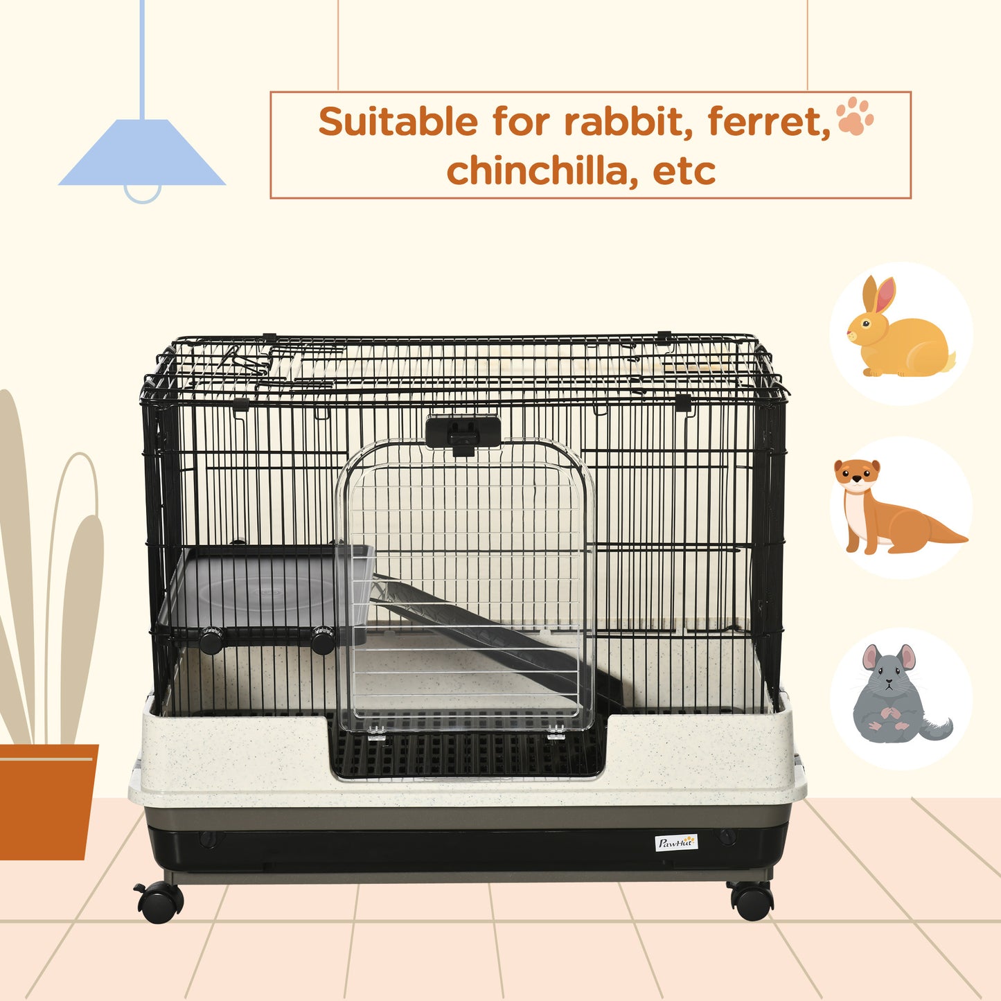 PawHut 26" Small Animal Cage with Wheels, 2-Level Portable Bunny Cage, Chinchilla Ferret Cage with Removable Tray, Platform and Ramp