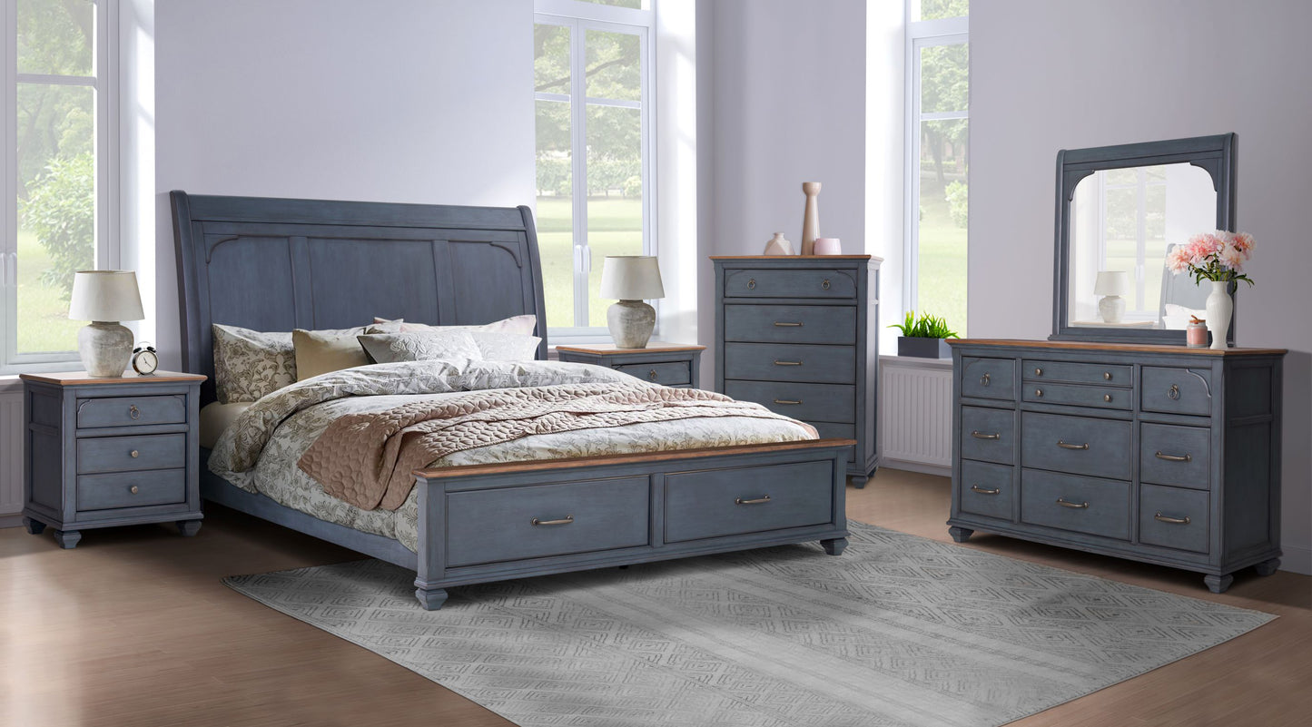 King Size Sleigh Bed, Corduroy Blue Finish
