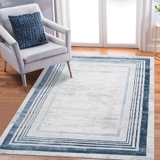 5X7 Blue/Ivory/Bordered Non-Shedding Living Room Bedroom Dining Home Office Stylish and Stain Resistant Area Rug