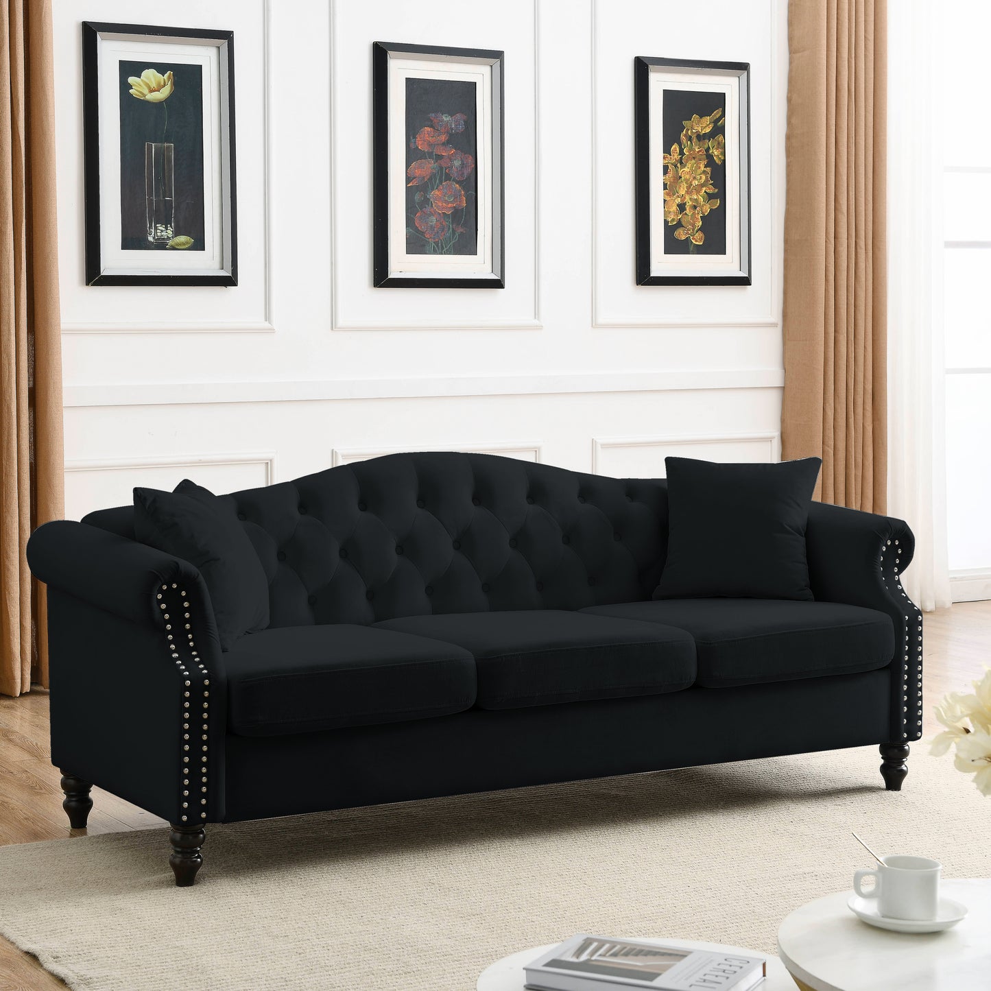 [Video] 79" Chesterfield Sofa Black Velvet for Living Room, 3 Seater Sofa Tufted Couch with Rolled Arms and Nailhead for Living Room, Bedroom, Office, Apartment, two pillows