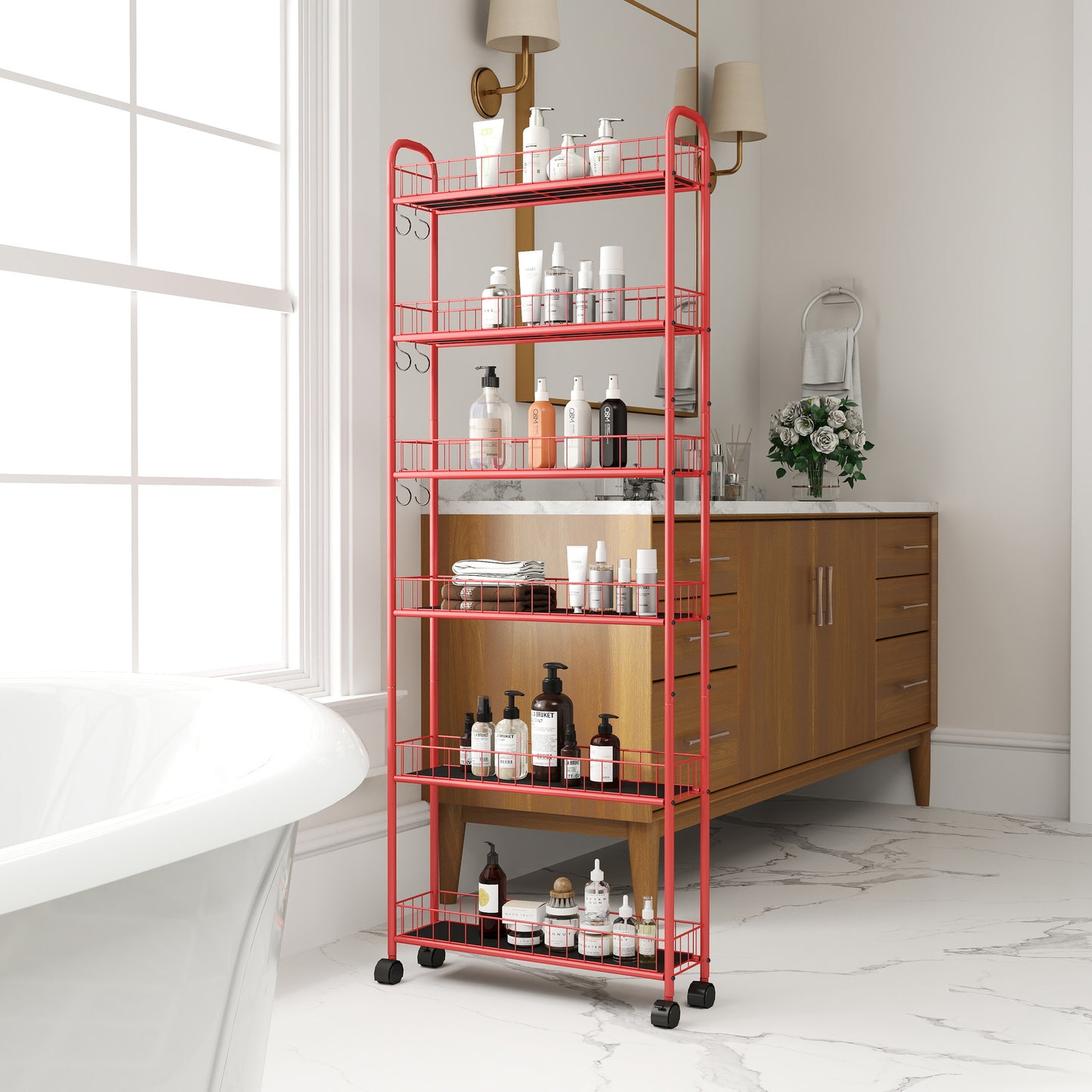 Red 6-Tier Rolling Cart Gap Kitchen Slim Slide Out Storage Tower Rack with Wheels,6 Baskets,Kitchen,Bathroom Laundry Narrow Piaces Utility cart