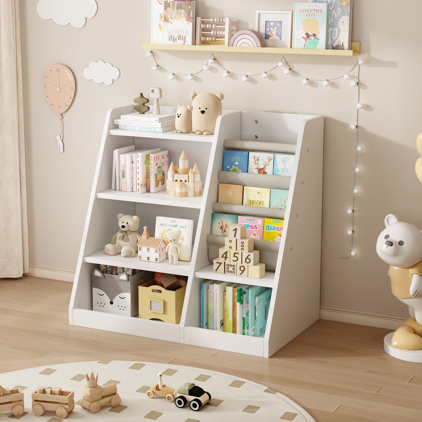 White Wooden Toy Storage Organizer Cabinet  Kids Bookshelf  Children Bookcase Toddler Baby Sling Book Rack Adjustable Shelf for Playroom Bedroom Nursery Hallway School Kindergarten Living Room