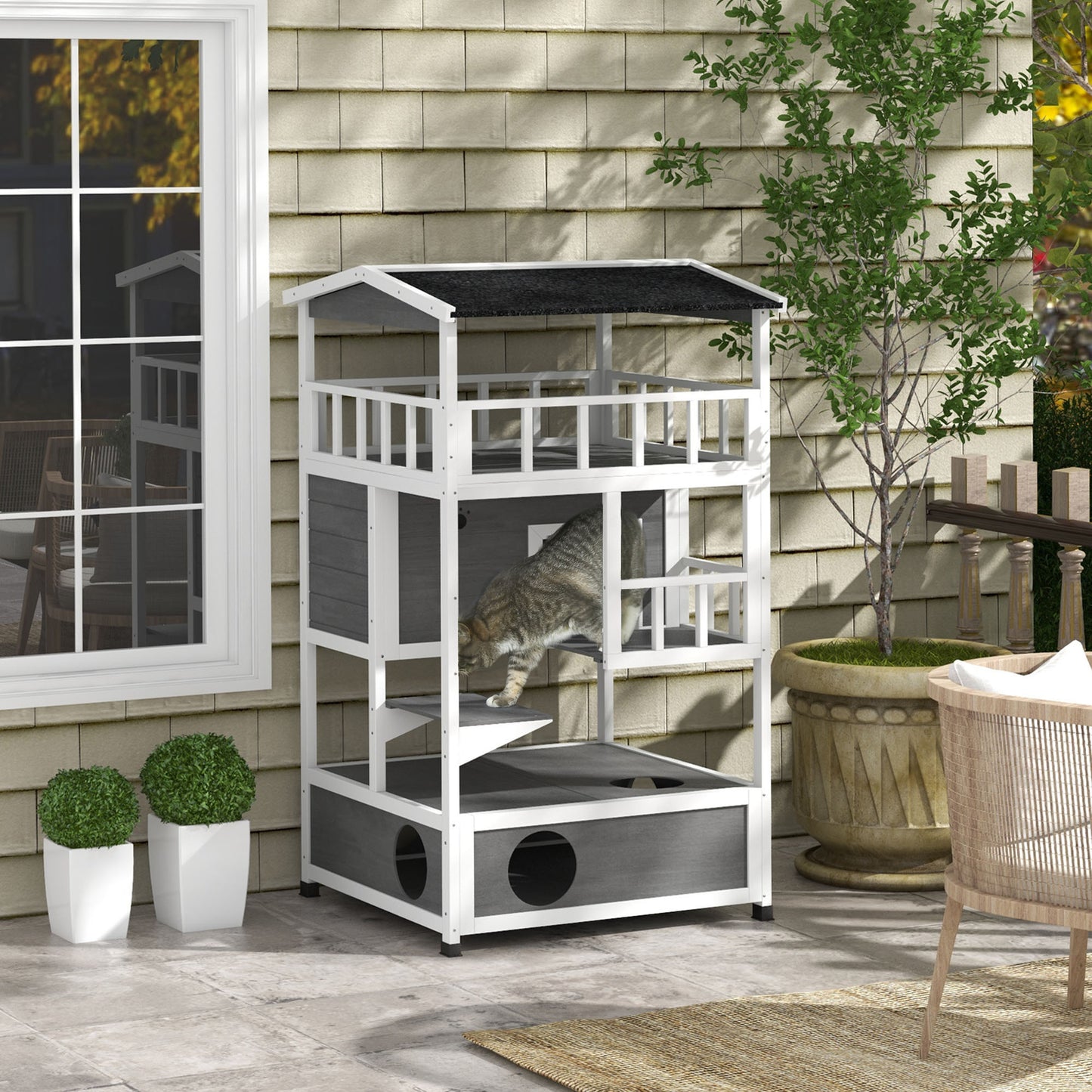 PawHut Wooden Outdoor Cat House, Feral Cat Shelter Kitten Condo with Asphalt Roof, Escape Doors, Condo, Jumping Platform, Light Gray