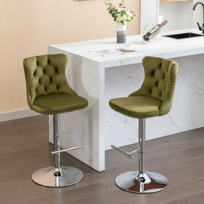 Swivel Velvet Barstools Adjusatble Seat Height from 25-33 Inch, Modern Upholstered Chrome base Bar Stools with Backs Comfortable Tufted for Home Pub and Kitchen Island, Olive-Green,Set of 2,1712OL