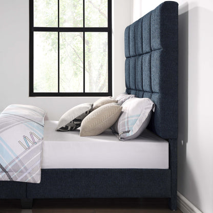 Queen Size Navy Blue Denim Squares Upholstered Platform Bed