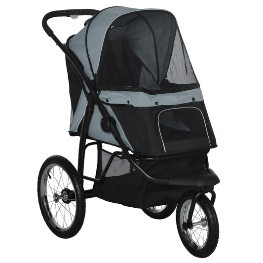 PawHut Pet Stroller for Small and Medium Dogs, 3 Big Wheels Foldable Cat Stroller with Adjustable Canopy, Safety Tether, Storage Basket, Gray