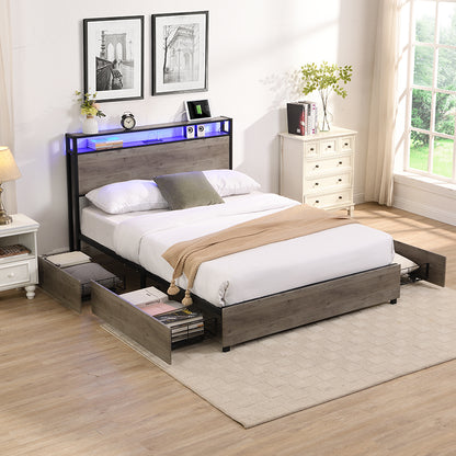 Queen Bed Frame, Storage Headboard with Charging Station, Solid and Stable, Noise Free, No Box Spring Needed, Easy Assembly