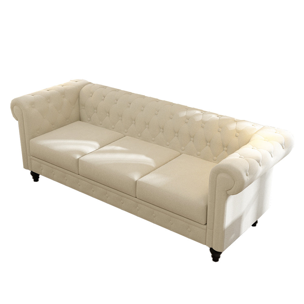 Elegant Beige Chesterfield Sofa - 3-Seater Plush Fabric with Tufted Buttons and Wooden Legs - Classic Design, Comfortable and Durable for Living Room Furniture