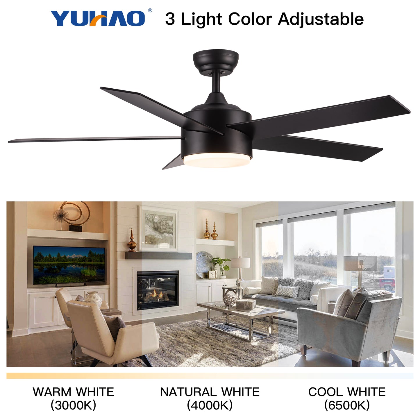 52 inch indoor 5 plywood black ceiling fan with light