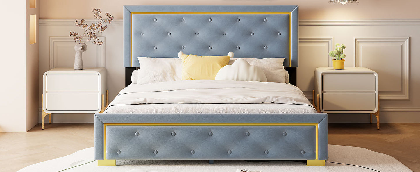 Queen Size Upholstered Platform Bed With Pull Point Headboard And Metal Wire Frame At The Head And Foot Of The Bed, Metal Feet, Velvet, Gray