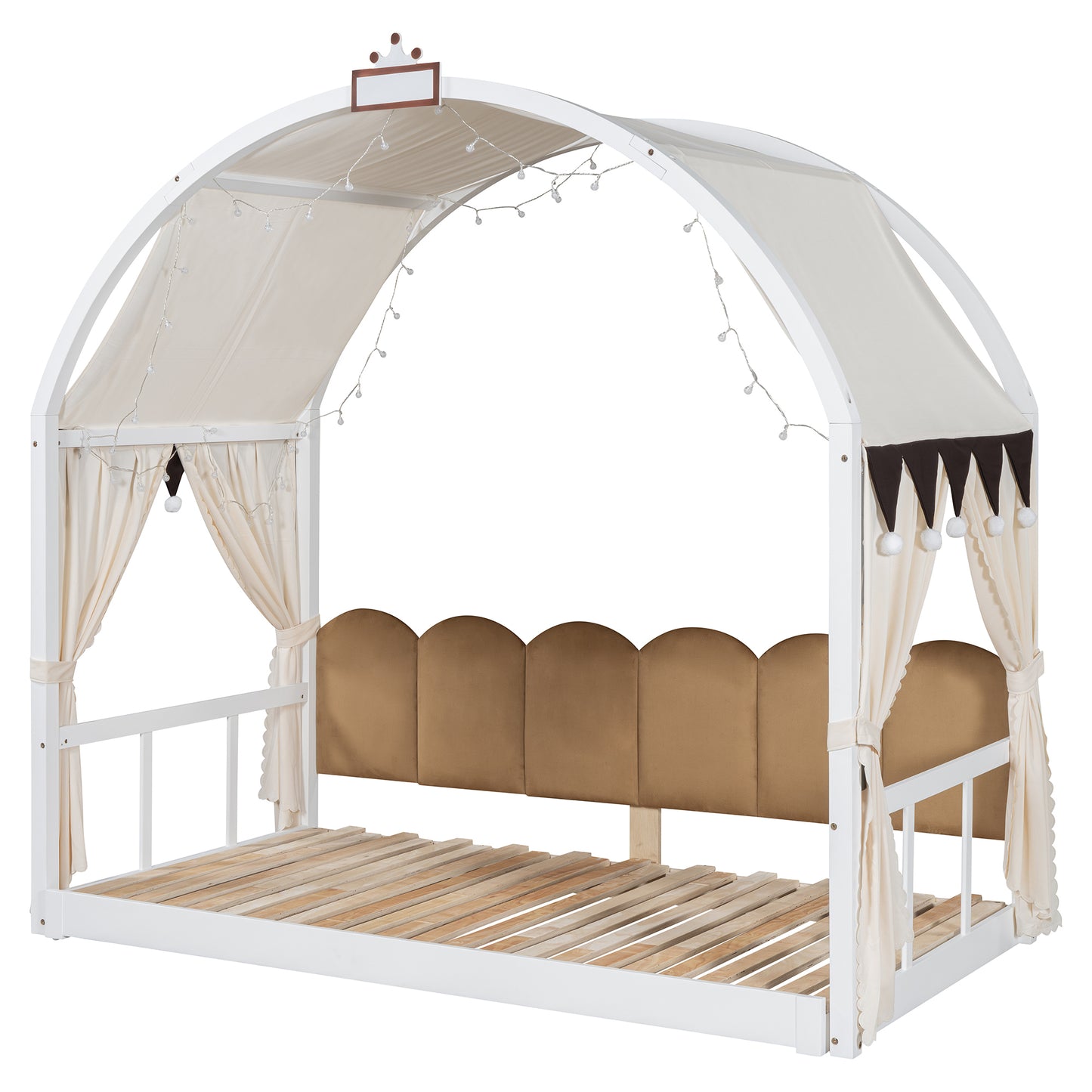 Twin Size Extended Bed With Arched Roof and Trundle, White