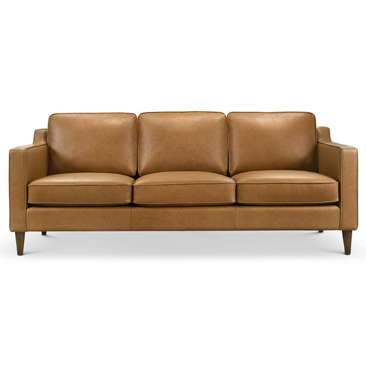Cooper Mid Century Modern Tan Leather Sofa with Easy Maintenance and Solid Wood Frame