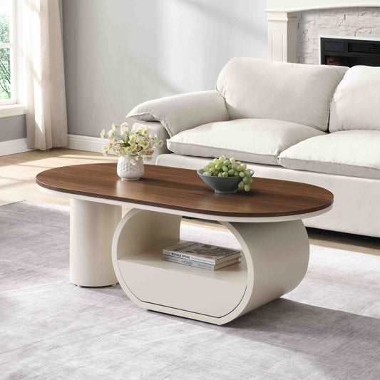 Luxury Oval Coffee Table, 47.24'' Coffee Table with Storage Drawer, White Metal Center Table for Living Room
