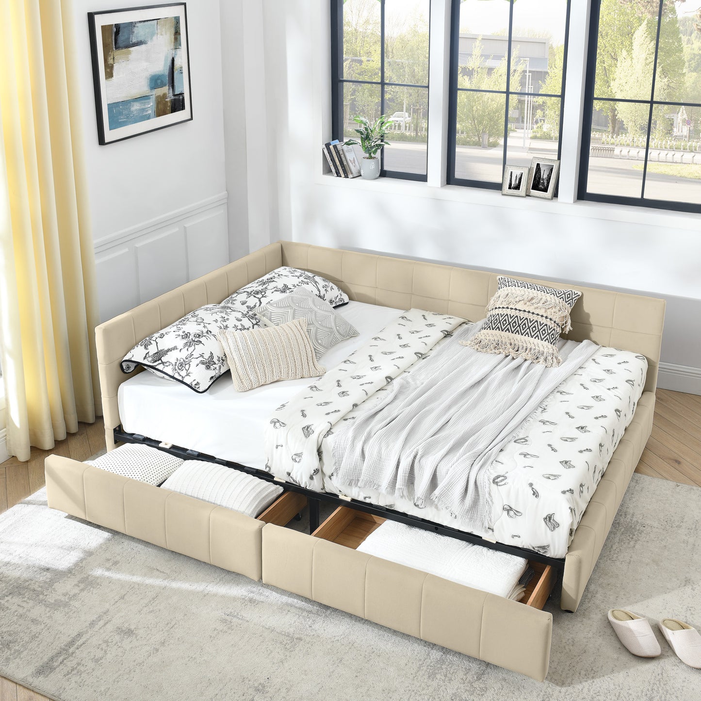 Queen Size Storage Upholstered Tufted Bed Frame, Sofa Bed Frame with Comfortable Backrest and Armrests, Queen Size Bed for Bedroom, Living Room,Velvet, BEIGE(85.5''*64.5''*29.5'')