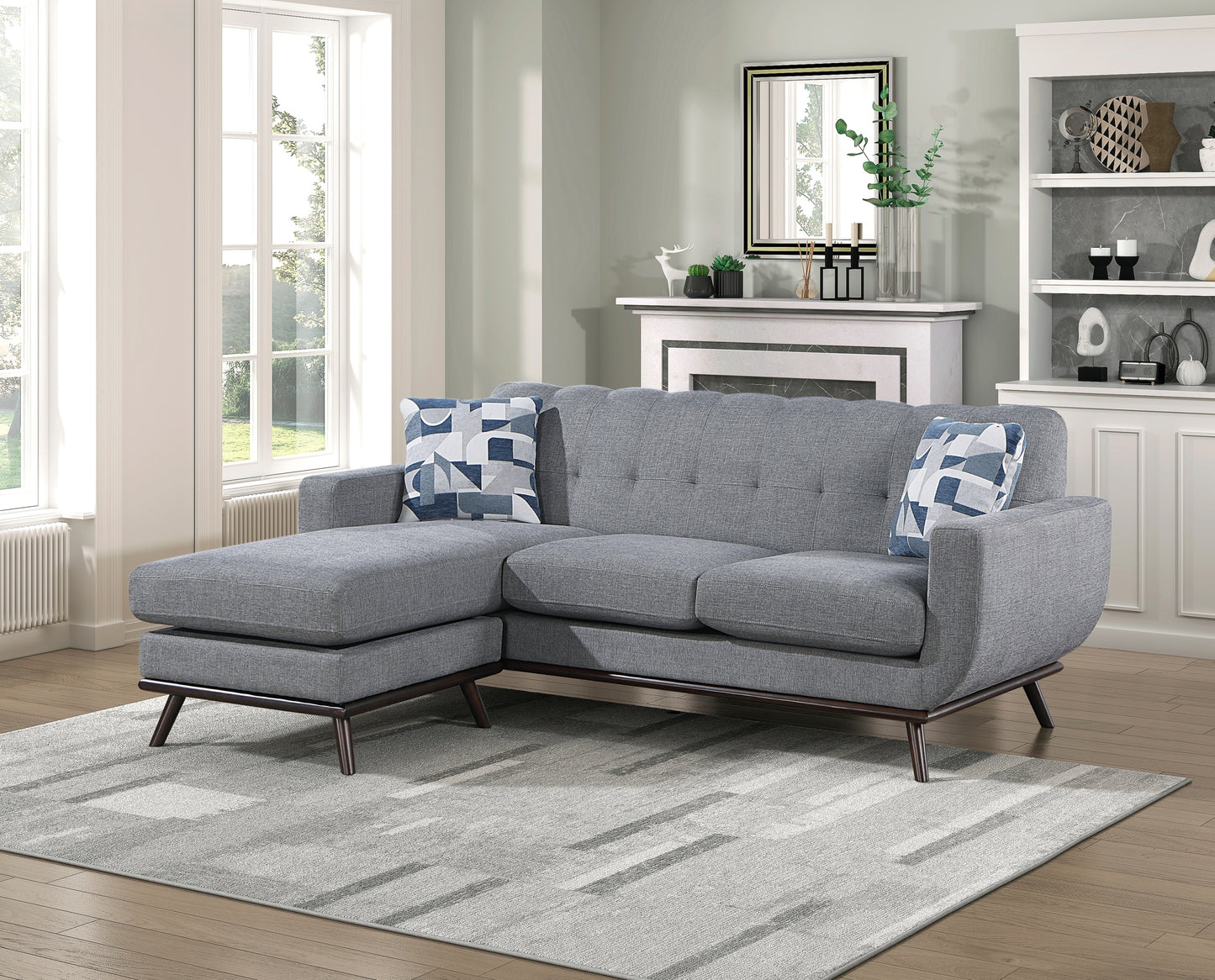 Solid Wood Reversible Sofa Chaise Gray Chenille Upholstered Decorative Pillows Mid-Century Modern Living Room Furniture 1pc