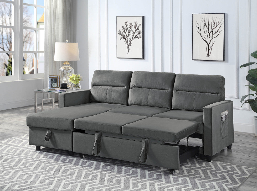 Ivy 81.5" Dark Gray Velvet Reversible Sleeper Sectional Sofa with Storage Chaise and Side Pocket