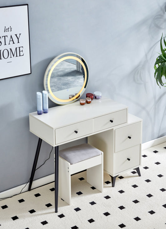 Fluted Makeup Vanity Desk with Round LED  Mirror and Lights, Modern Glass Top Big Vanity Table with 4 Drawers & Adjustable Shelves, Dressing Table Set  with stools table with movable side table