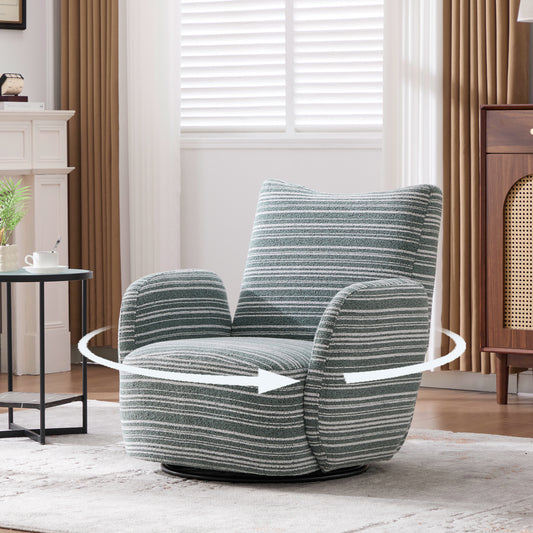 Modern Style 360° Swivel Leisure Chair Fabric Striped Armrest Swivel Chair with sand-rimmed fabric and metal bracket, suitable for living room, balcony and bedroom