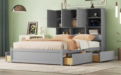 Queen Size Platform Bed with Storage Headboard and 4 Drawers, Gray