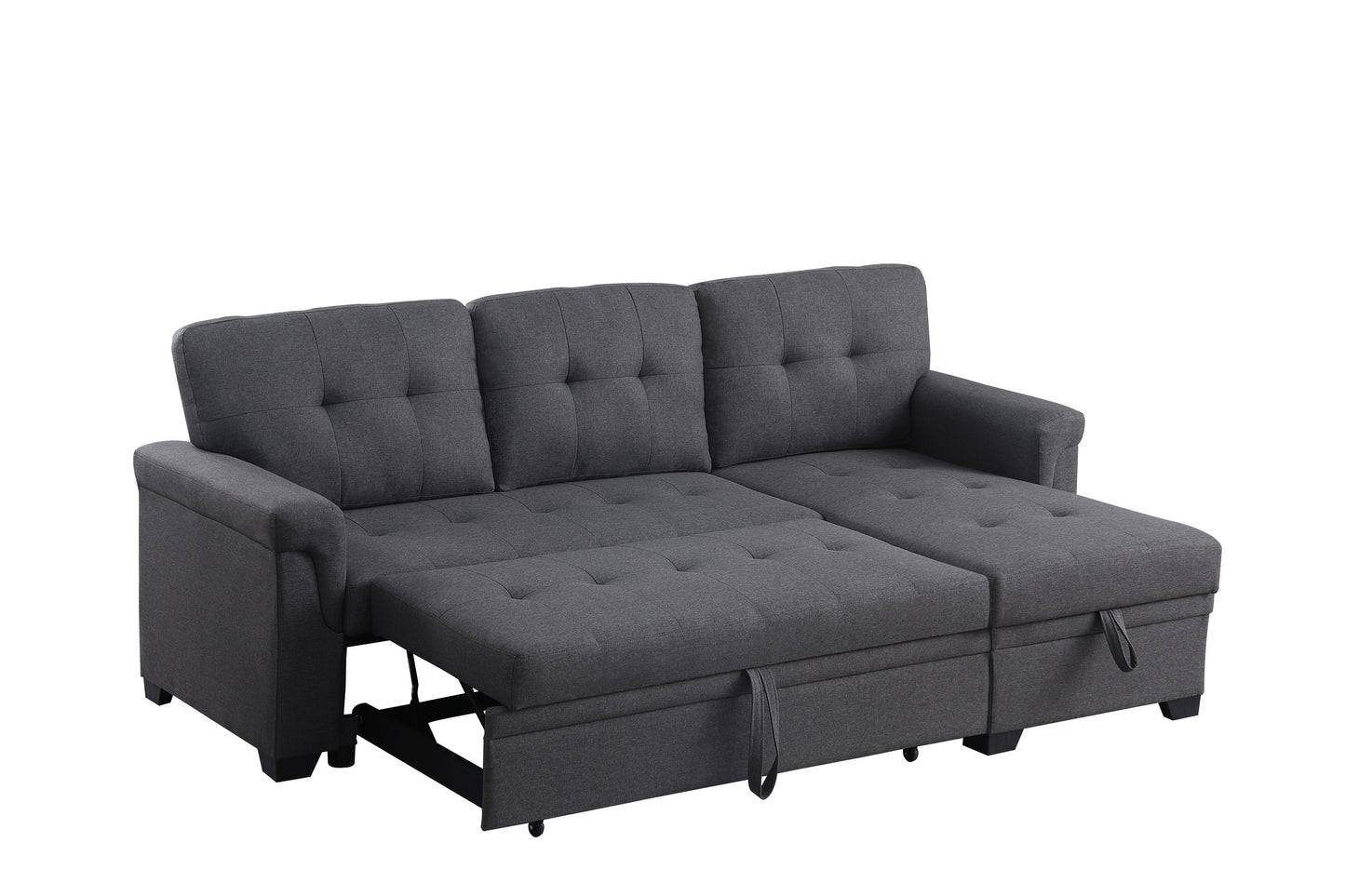 Lucca 84" Dark Gray Linen Reversible Sleeper Sectional Sofa with Storage Chaise