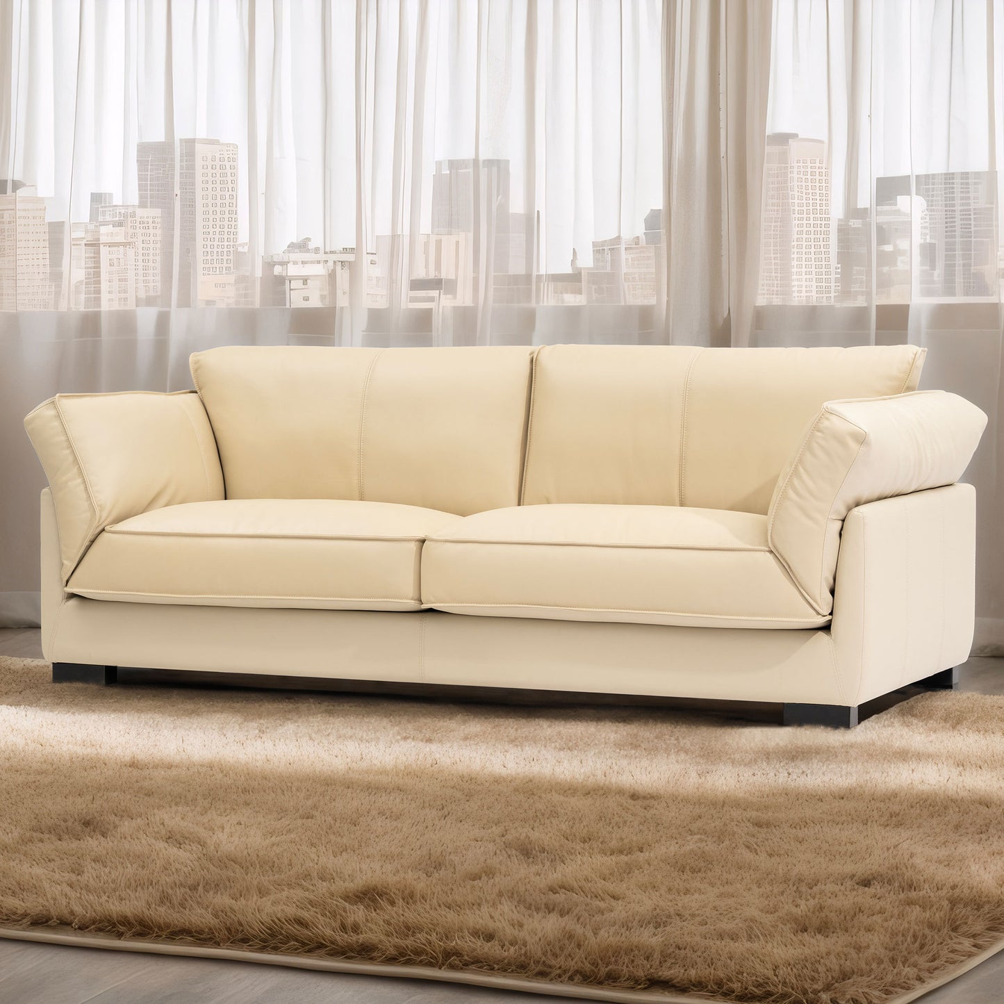 89.76 Inch Top Genuine Leather Sofa, 3 Seater Leather Couch, Mid-Century Modern Couch for Living Room Bedroom Apartment Office, Beige