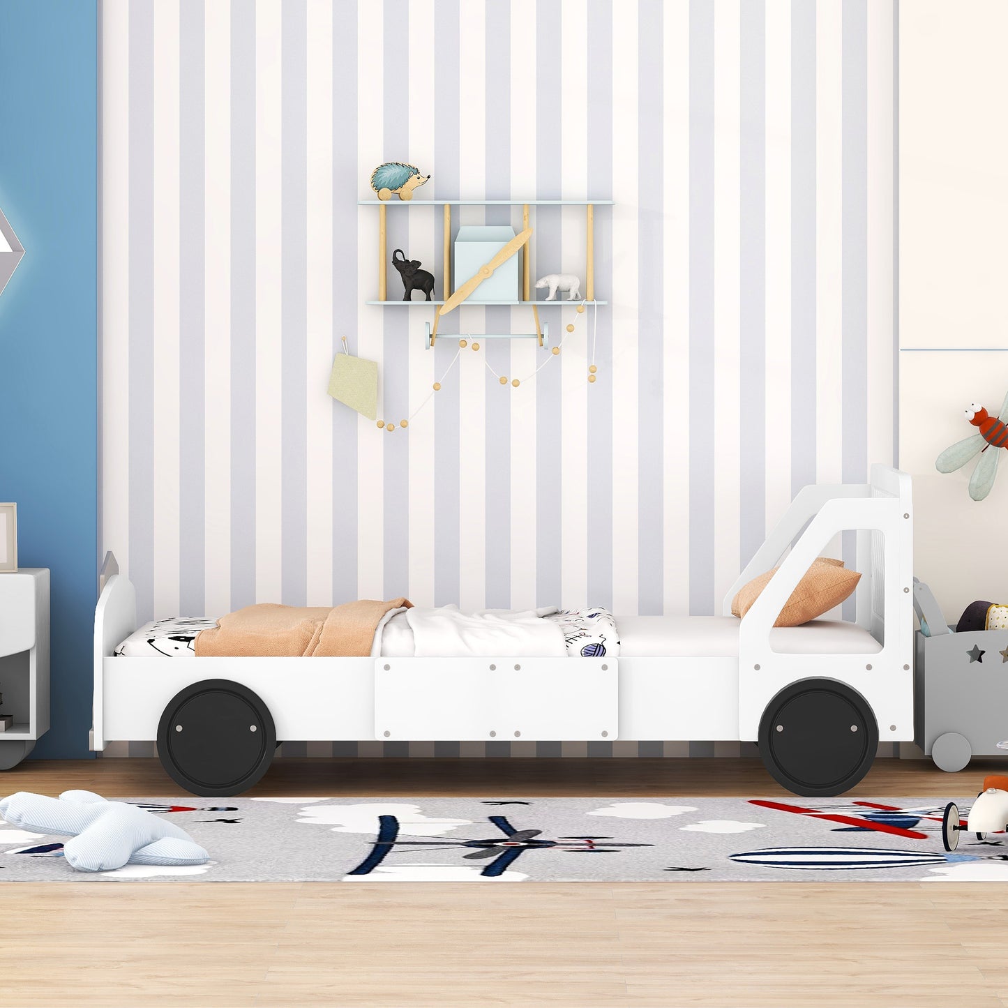 Twin Size Car-Shaped Platform Bed with Wheels,White