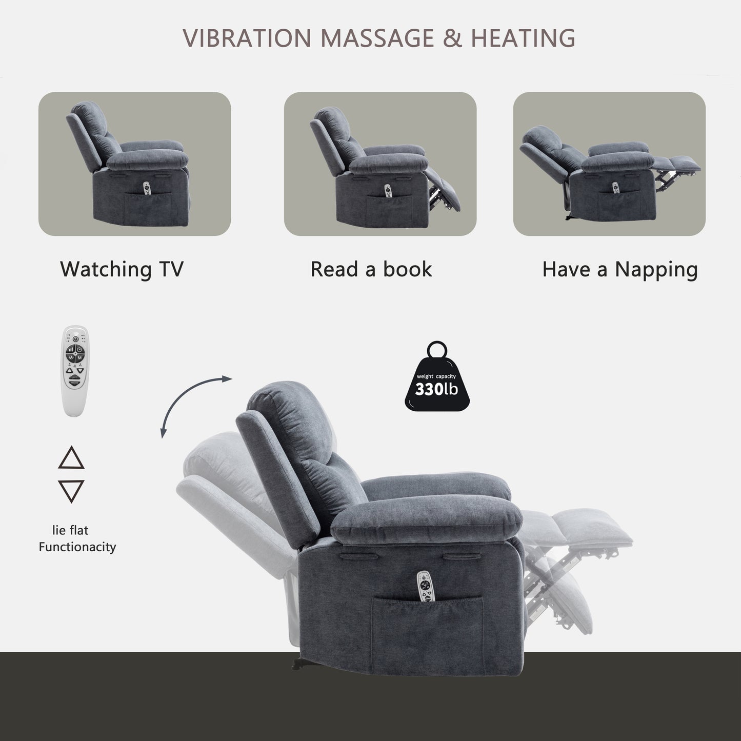 Power Recliner Chair with Adjustable Massage Function, Velvet Electric Power Chair for Elderly with One Side Pockets, Recliner Chair with Heating System for Living Room,Dark Gray