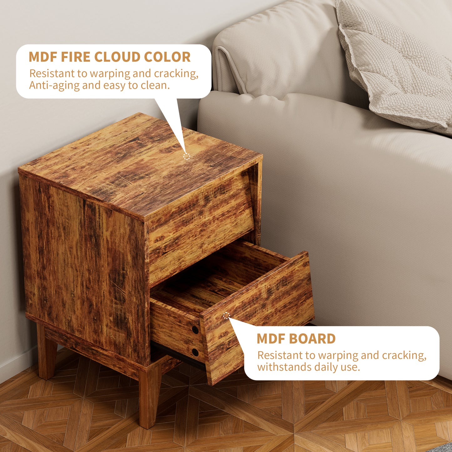 2 Set Nightstands Features Vintage-style and Bevel Design, Made of MDF, Mid Century Modern Nightstand, Night Stand for Bedroom