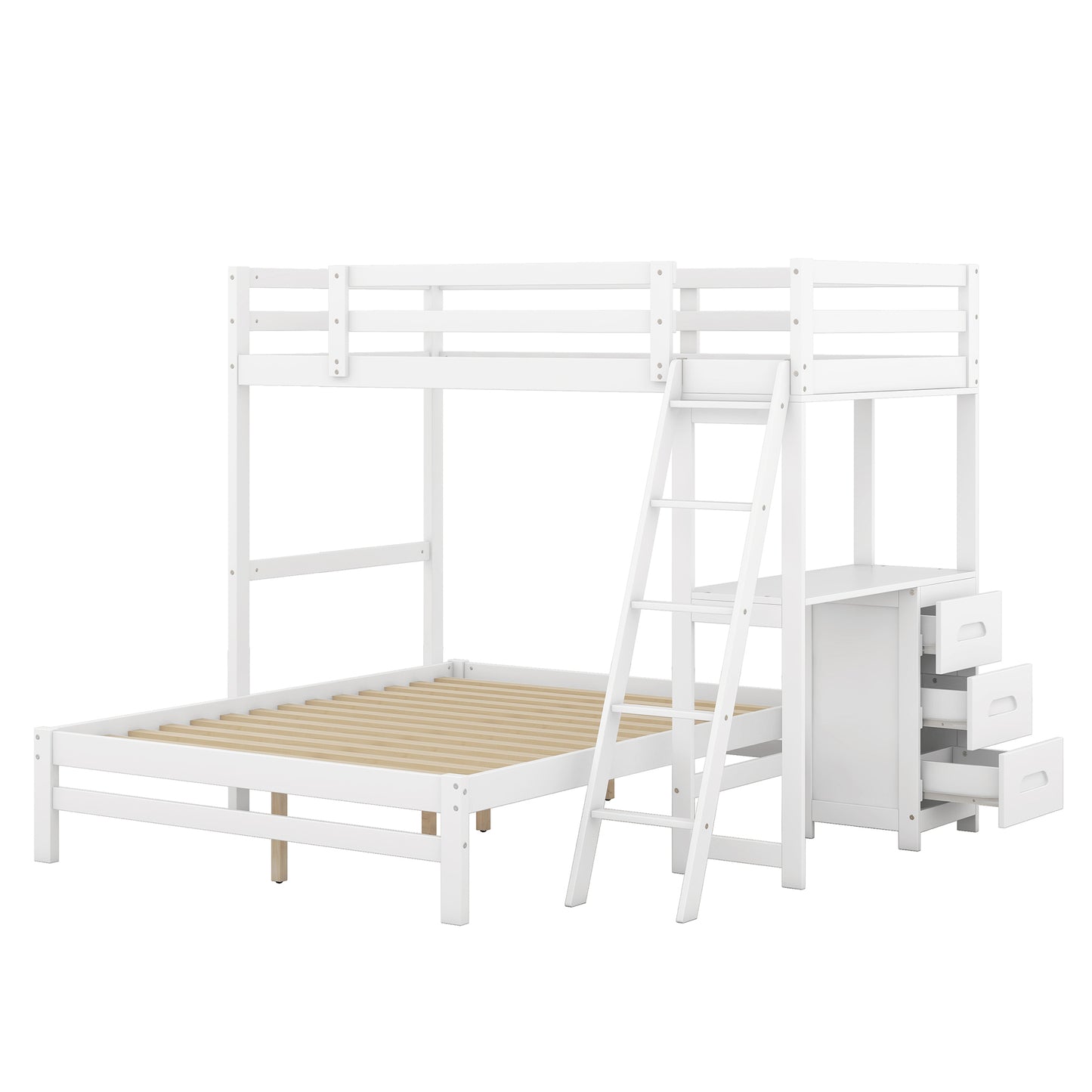 Twin over Full Bunk Bed with Built-in Desk and Three Drawers in White, Solid Pine Wood and MDF