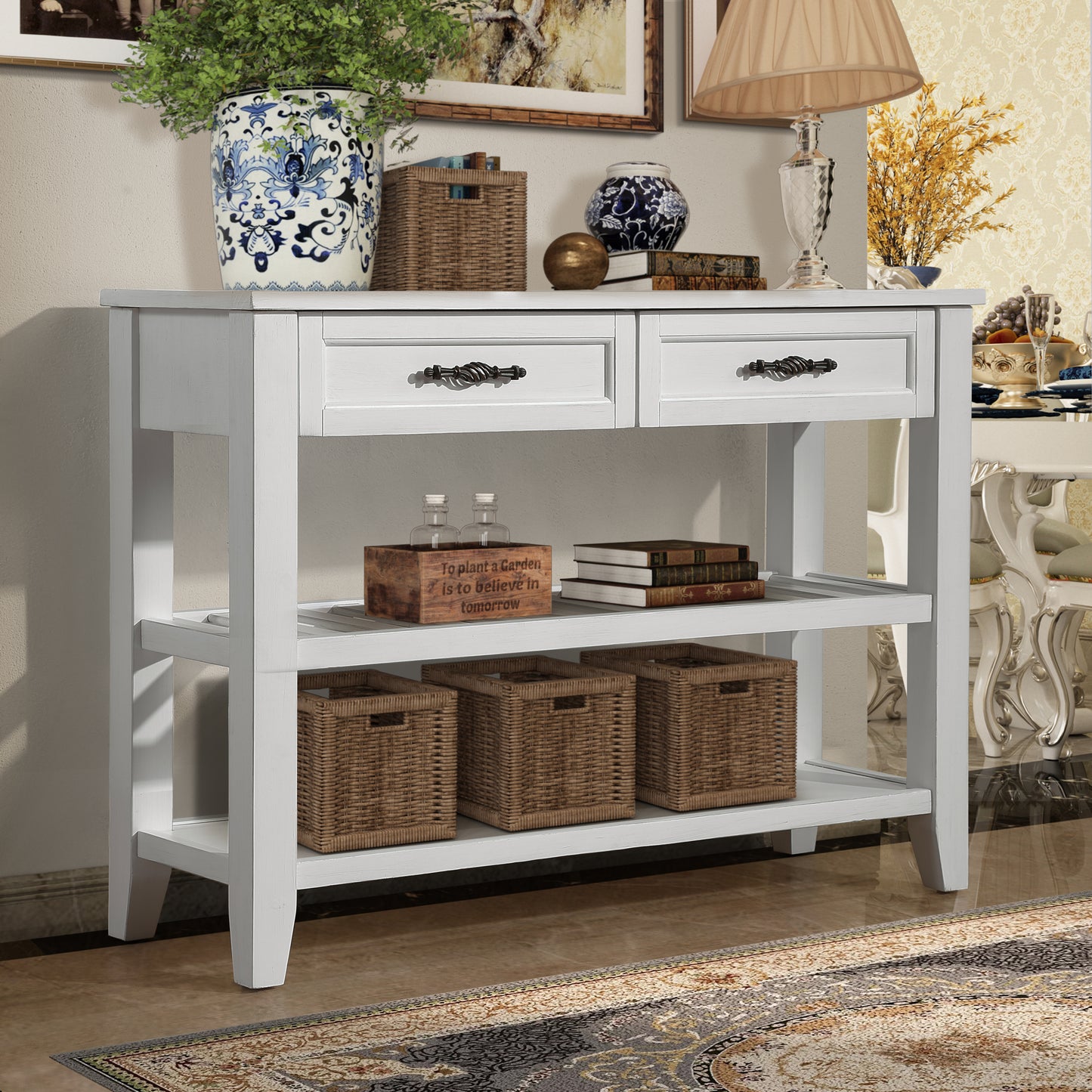 Console Sofa Table with 2 Storage Drawers and 2 Tiers Shelves, Mid-Century Style 42'' Solid Wood Buffet Sideboard for Living Room Furniture Kitchen Dining Room Entryway Hallway, Antique White