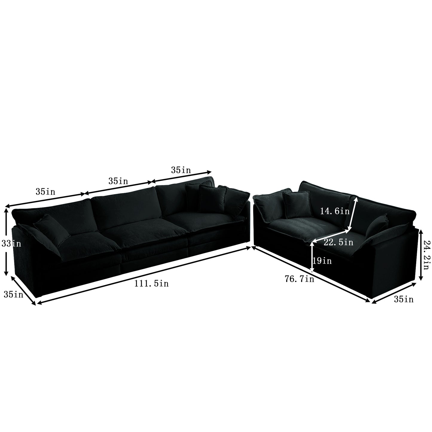 3 Piece Sofa Set Oversized Sofa Comfy Sofa Couch, 2 Pieces of 2 Seater and 1 Piece of 3 Seater Sofa  for Living Room, Deep Seat Sofa Black Chenille