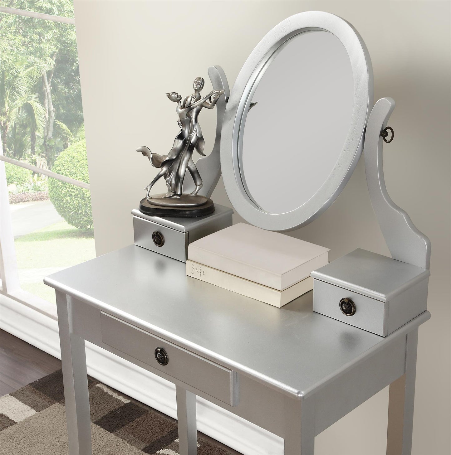 Moniys Wood Moniya Makeup Vanity Table and Stool Set, Silver