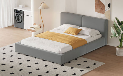 Queen Size Upholstered Platform Bed with Velvet Fabric, Grounded Bed with Solid Frame, Gray