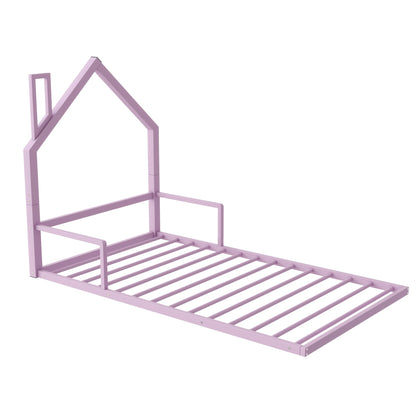 Twin Size Metal Floor Bed with House-shaped Headboard, Pink