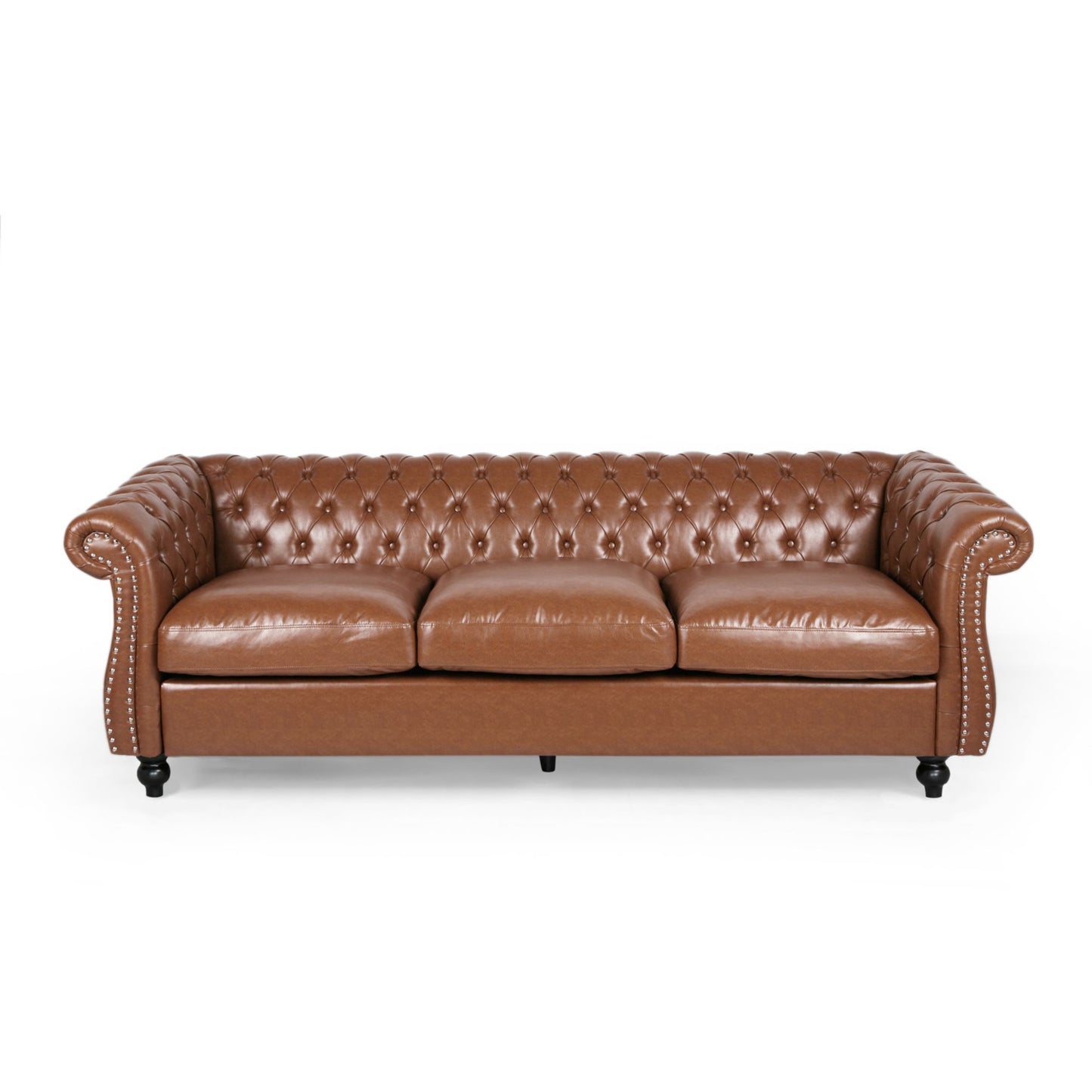 84.50'' Mid Century Cognac Brown 3-Seater Sofa, PU, Classic Retro Sofa with Rolled Arms – Modern, Elegant, and Comfortable Couch, Perfect for Living Room, Office, Bedroom, Primary Living Spaces