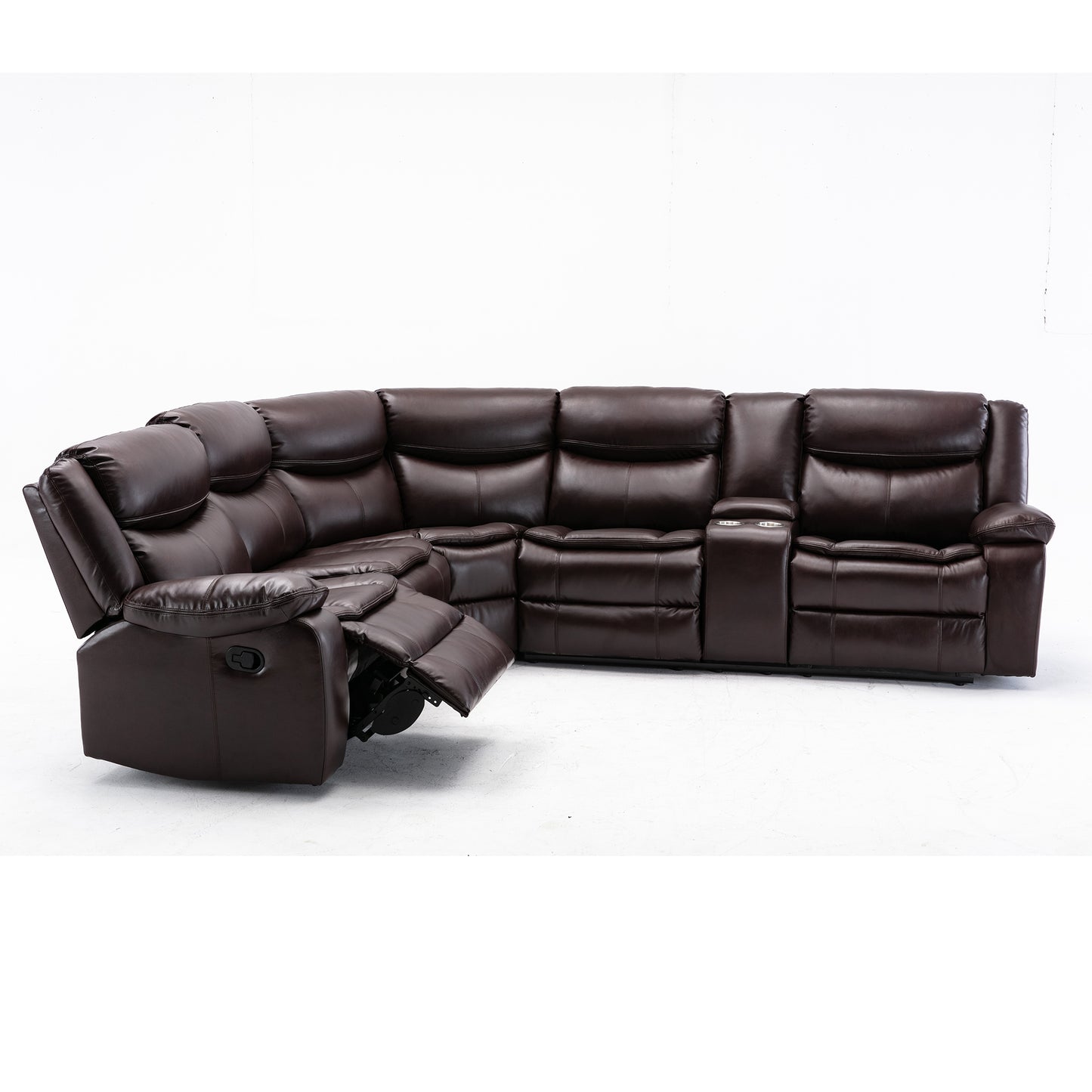 L Shape Breath Leather Manual Reclining Sectional Sofa Set, Brown