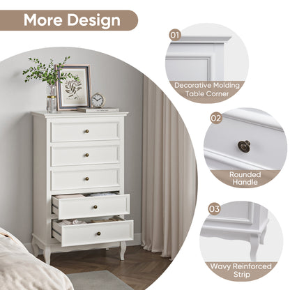 5 Drawer Dresser for Bedroom, Modern Storage Closet Cabinet Organizerwith Solid Wood Legs and Painted Finish-White