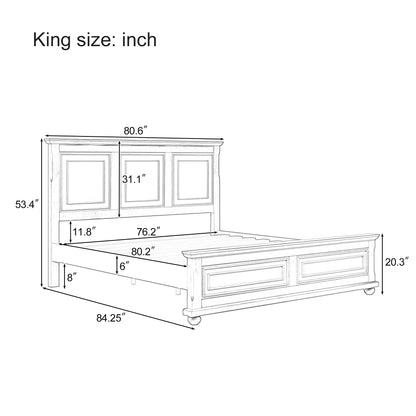 Traditional Town and Country Style Pinewood Vintage King Bed, White