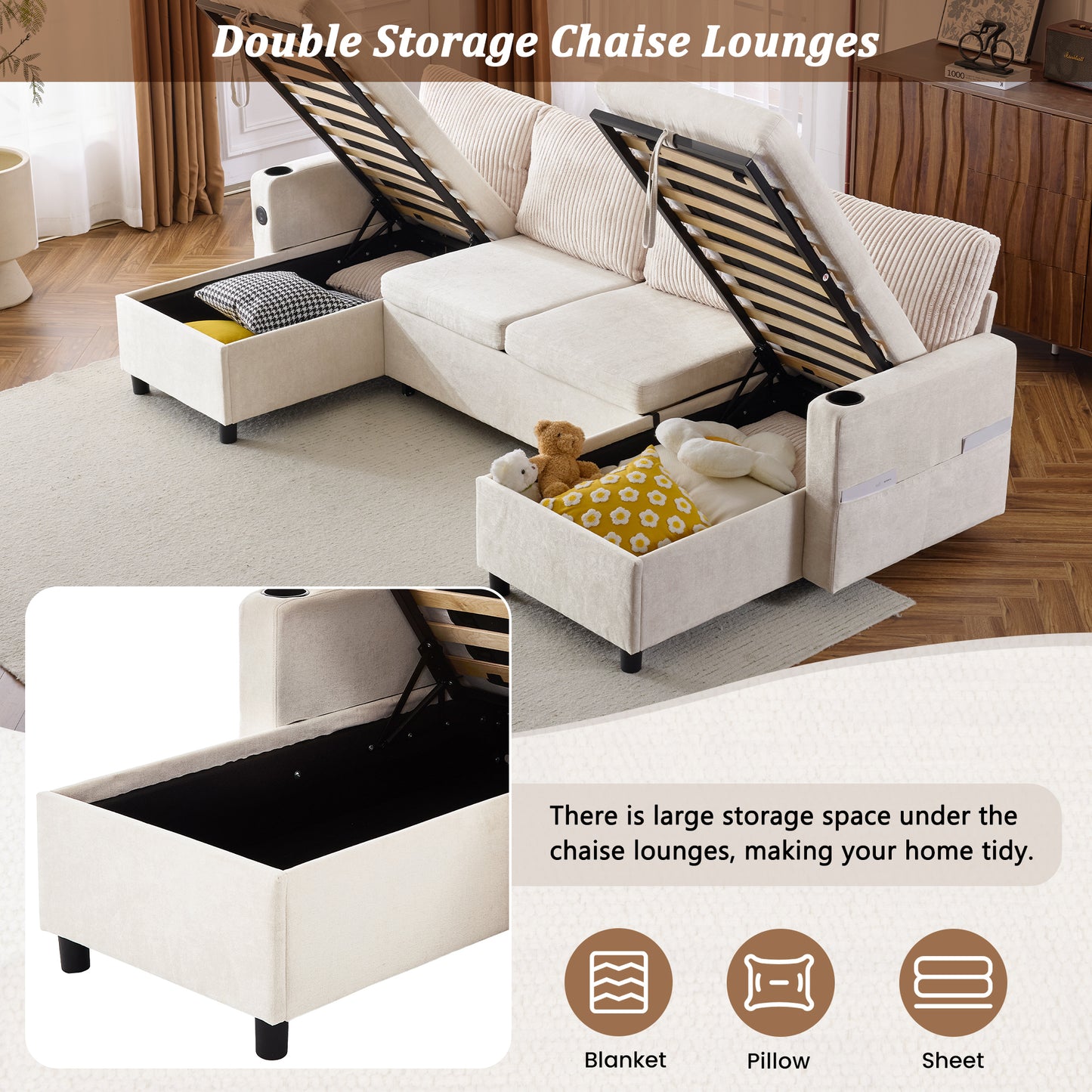 111.8" Sectional Sofa Pull-out Sofa Bed Versatile Sofa Sleeper with Large Storage Space, Two USB Ports and Two Cup Holders for Living Room, Beige