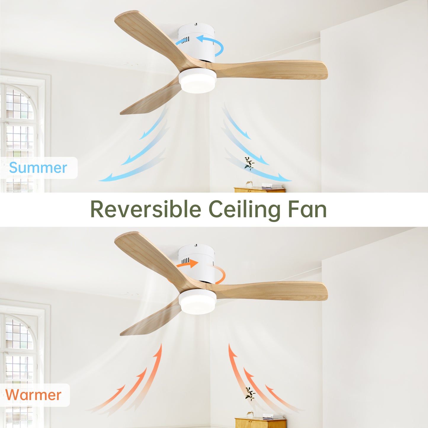 52 Inch Decorative Ceiling Fan With 6 Speed Remote White 3 Solid Wood Blades Reversible DC Motor For Living Room