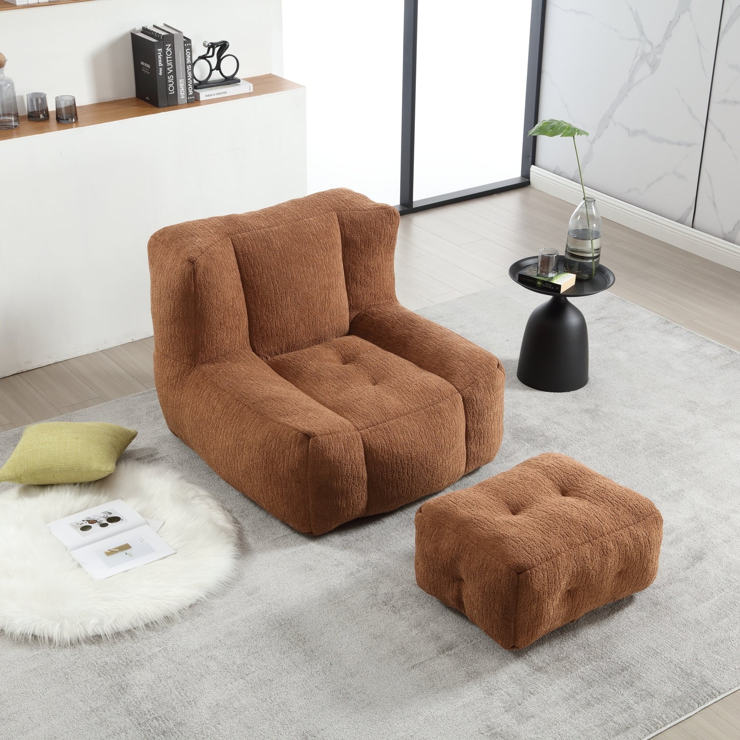 Fluffy bean bag chair, comfortable bean bag for adults and children, super soft lazy sofa chair with memory foam and ottoman, indoor modern focus bean bag chair for living room, bedroom, apartment