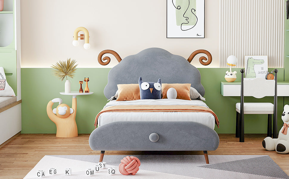 Twin Size Upholstered Platform Bed with Sheep-Shaped Headboard, Gray