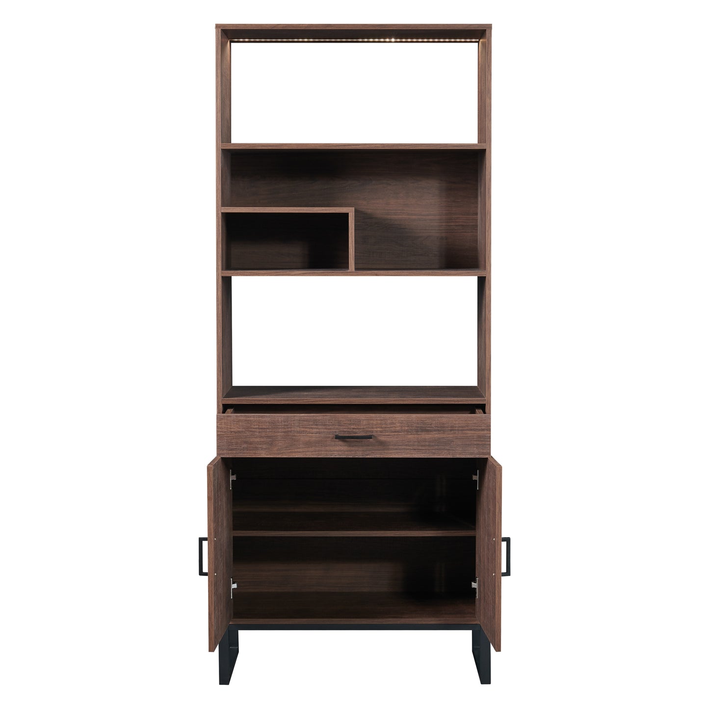 75.9"Modern Open Bookshelf with Doors, Bookcase with Storage drawer and LED Strip Lights,Free Standing Display Rack,Wooden Tall Bookshelf for Living Room and Office, Walnut