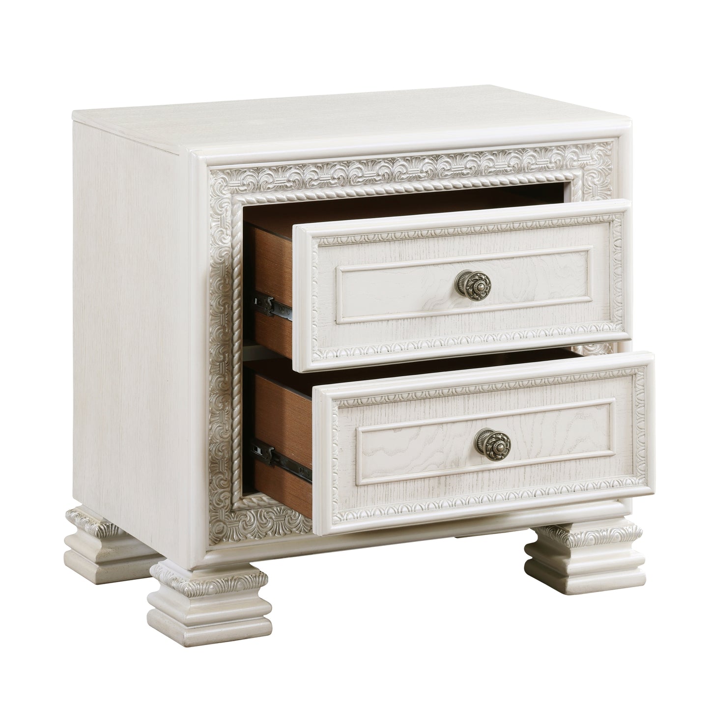 Classic Luxury Pearl White Finish Nightstand of 2x Drawers Wooden Bedroom Furniture 1pc, Dart Molding Design