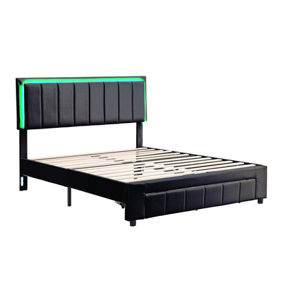 Upholstered Platform Bed with LED Lights and Two Motion Activated Night Lights,Queen Size Storage Bed with Drawer, Black