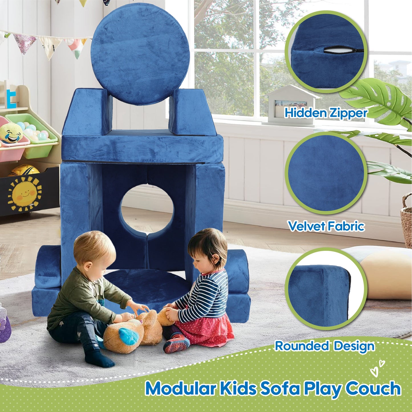 14pcs Kids Sofa Modular Play Couch,Child Sectional Sofa to Boost Creativity,Boys and Girls DIY Creativing Playroom Couch Furniture for Toddlers Conertible Foam and Floor Cushion-Blue